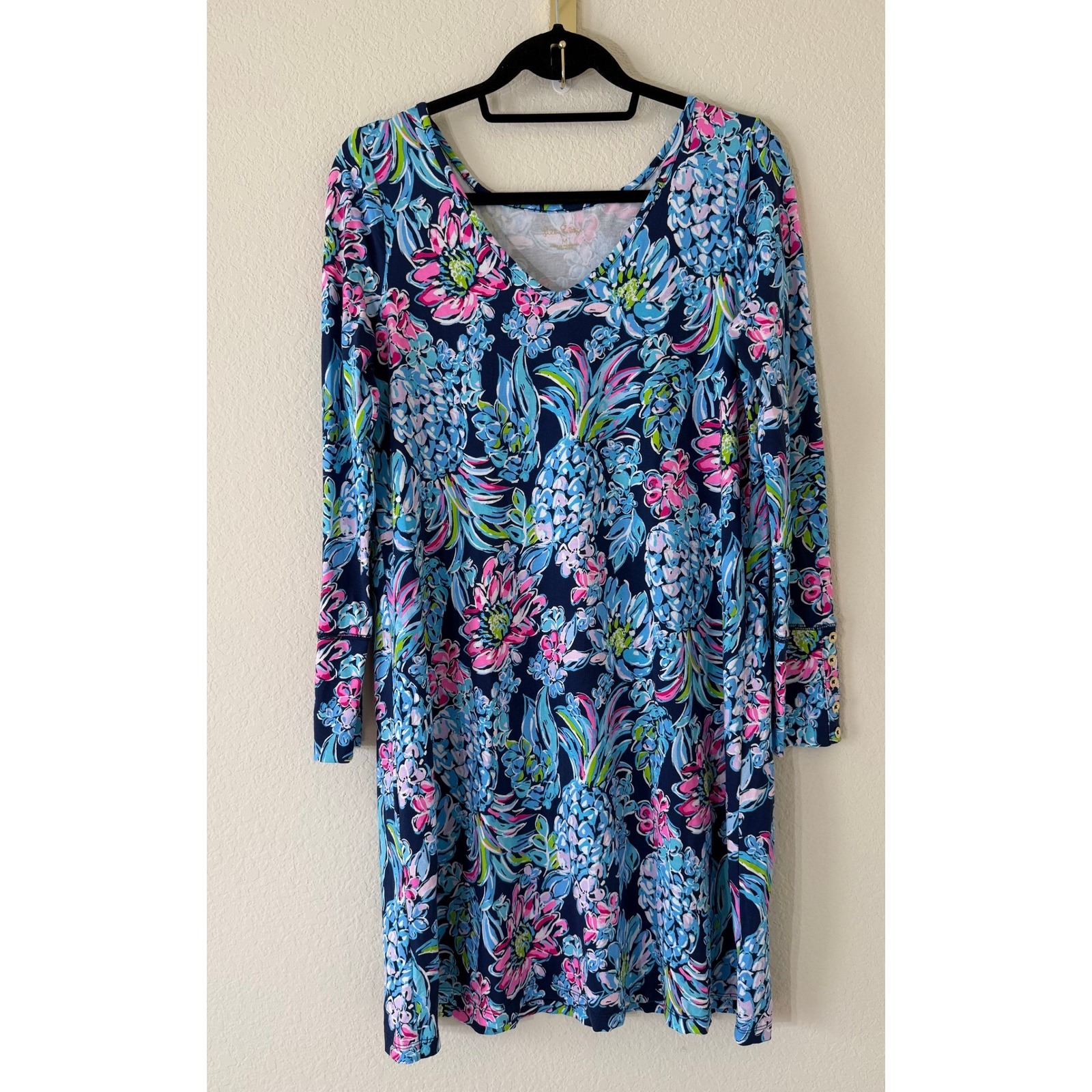 Lilly Pulitzer Kaisley Dual Neck Dress Blue Tropical Floral Pineapple Print M